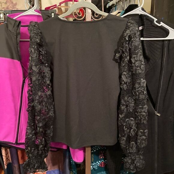 See Through Sequins Long  Sleeve Black Top - Picture 4 of 9